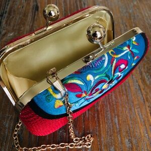 Red and Blue Embroidered Women's Mini Clutch